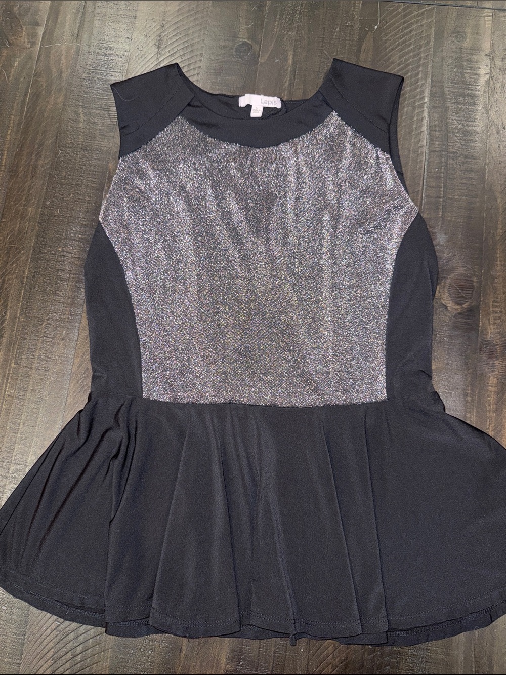 Lapis Black Silver Metallic Peplum Top Lace Cutout Back Size L